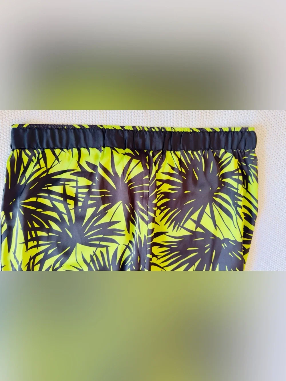 MICHAEL KORS Satin Neon Lime Green & Black Palm Leaf Print Track Pants